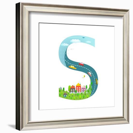 Alphabet Letter S Cartoon Flat Style for Children. for Kids Boys and Girls with City, Houses, Cars,-Popmarleo-Framed Art Print