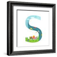 Alphabet Letter S Cartoon Flat Style for Children. for Kids Boys and Girls with City, Houses, Cars,-Popmarleo-Framed Art Print