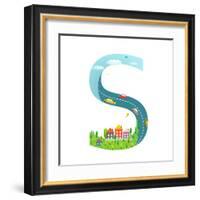 Alphabet Letter S Cartoon Flat Style for Children. for Kids Boys and Girls with City, Houses, Cars,-Popmarleo-Framed Art Print