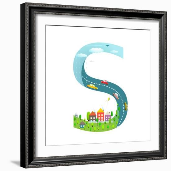 Alphabet Letter S Cartoon Flat Style for Children. for Kids Boys and Girls with City, Houses, Cars,-Popmarleo-Framed Art Print