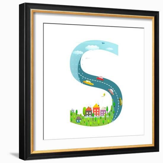 Alphabet Letter S Cartoon Flat Style for Children. for Kids Boys and Girls with City, Houses, Cars,-Popmarleo-Framed Art Print