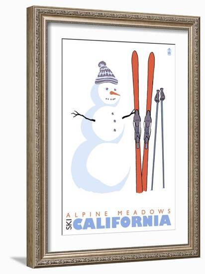 Alpine Meadows, California, Snowman with Skis-Lantern Press-Framed Art Print