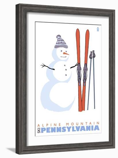 Alpine Mountain, Pennsylvania, Snowman with Skis-Lantern Press-Framed Art Print
