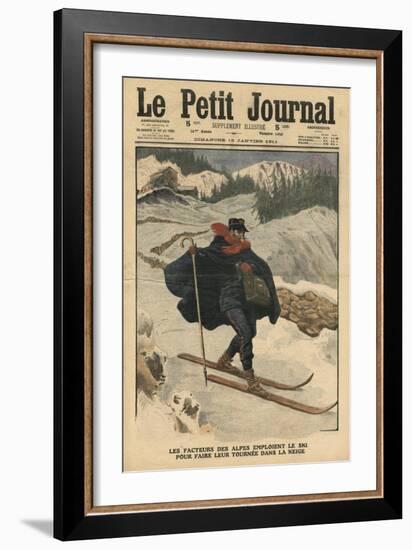 Alpine Postmen Using Ski During their Rounds in the Snow-French School-Framed Giclee Print