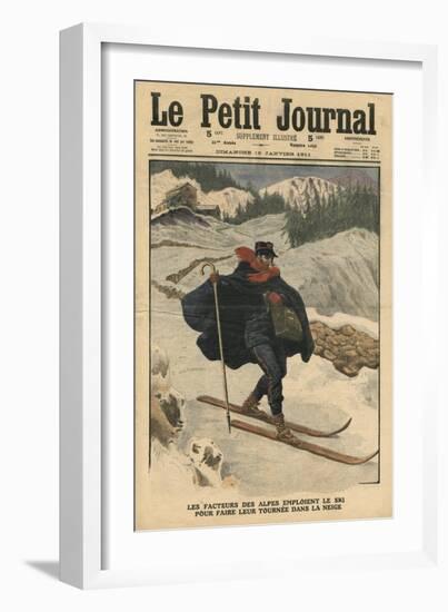 Alpine Postmen Using Ski During their Rounds in the Snow-French School-Framed Giclee Print