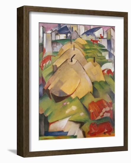 Alpine Scene with Haystacks, 1912 (Oil on Canvas)-Franz Marc-Framed Giclee Print