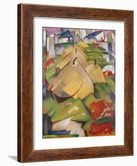 Alpine Scene with Haystacks, 1912 (Oil on Canvas)-Franz Marc-Framed Giclee Print