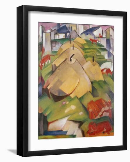 Alpine Scene with Haystacks, 1912 (Oil on Canvas)-Franz Marc-Framed Giclee Print