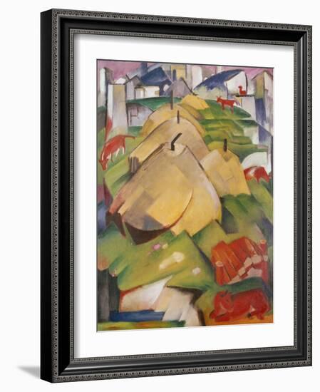 Alpine Scene with Haystacks, 1912 (Oil on Canvas)-Franz Marc-Framed Giclee Print