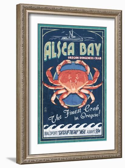 Alsea Bay, Oregon - Dungeness Crab Vintage Sign-Lantern Press-Framed Art Print