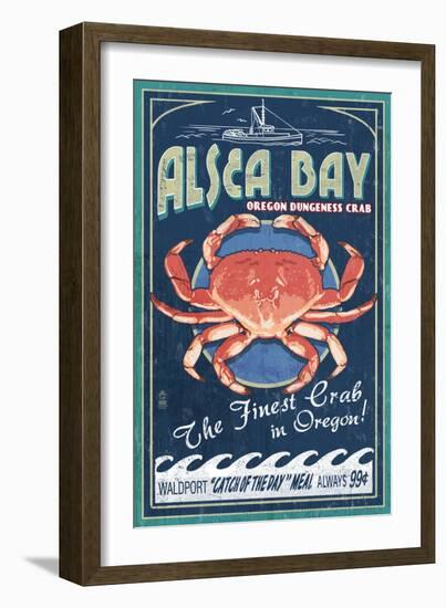 Alsea Bay, Oregon - Dungeness Crab Vintage Sign-Lantern Press-Framed Art Print