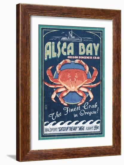 Alsea Bay, Oregon - Dungeness Crab Vintage Sign-Lantern Press-Framed Art Print