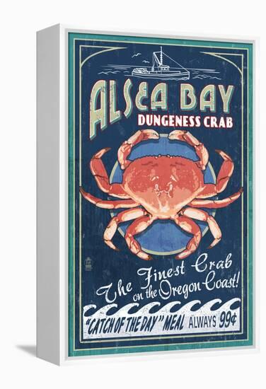 Alsea Bay, Oregon - Dungeness Crab Vintage Sign-Lantern Press-Framed Stretched Canvas