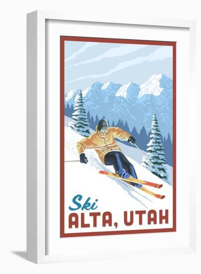 Alta, Utah - Ski Alta - Downhill Skier - Lantern Press Artwork-Lantern Press-Framed Art Print