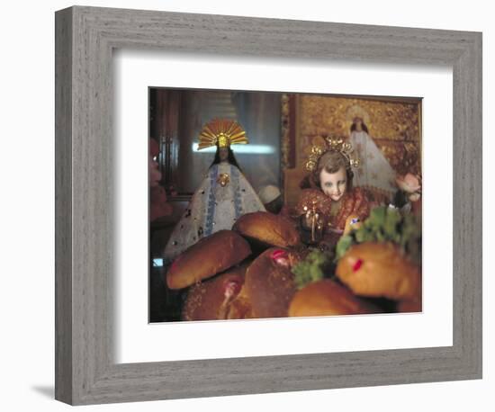 Altar of Food, Candles, Baby Jesus Statues and the Virgins of Soledad and Guadalupe, Oaxaca, Mexico-Judith Haden-Framed Photographic Print