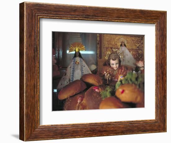 Altar of Food, Candles, Baby Jesus Statues and the Virgins of Soledad and Guadalupe, Oaxaca, Mexico-Judith Haden-Framed Photographic Print