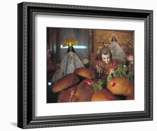 Altar of Food, Candles, Baby Jesus Statues and the Virgins of Soledad and Guadalupe, Oaxaca, Mexico-Judith Haden-Framed Photographic Print