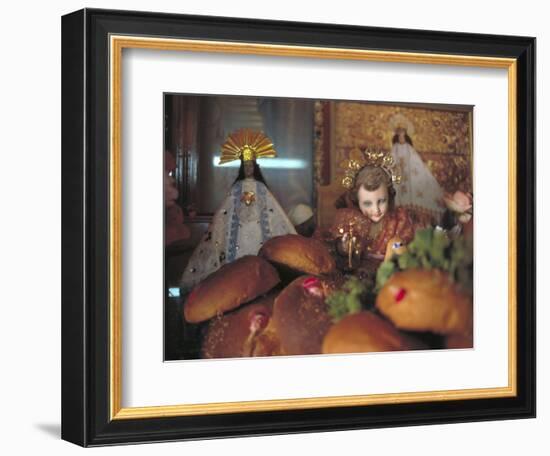 Altar of Food, Candles, Baby Jesus Statues and the Virgins of Soledad and Guadalupe, Oaxaca, Mexico-Judith Haden-Framed Photographic Print