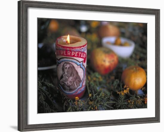 Altar Offering Decorated with Flowers, Fruit and a Candle for Day of the Dead, Oaxaca, Mexico-Judith Haden-Framed Photographic Print