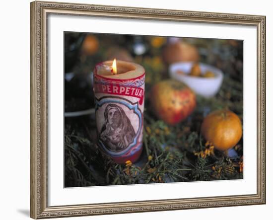 Altar Offering Decorated with Flowers, Fruit and a Candle for Day of the Dead, Oaxaca, Mexico-Judith Haden-Framed Photographic Print