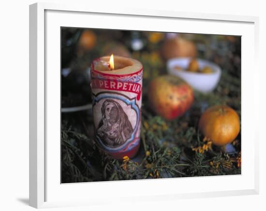 Altar Offering Decorated with Flowers, Fruit and a Candle for Day of the Dead, Oaxaca, Mexico-Judith Haden-Framed Photographic Print