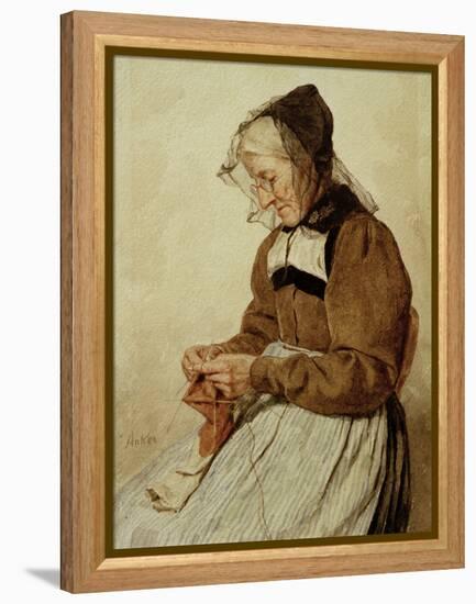 Alte Frau strickend (Old Woman Knitting)-Albert Anker-Framed Premier Image Canvas
