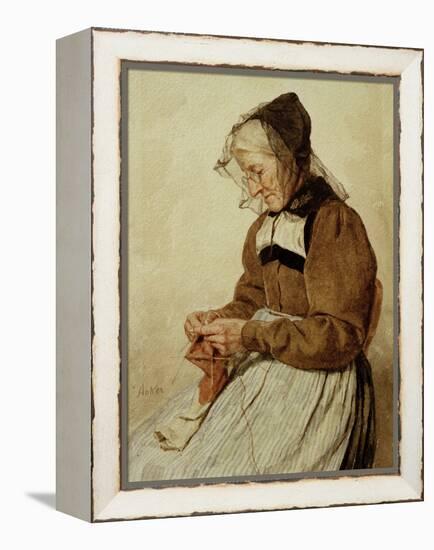 Alte Frau strickend (Old Woman Knitting)-Albert Anker-Framed Premier Image Canvas