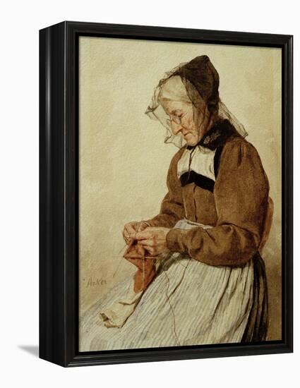 Alte Frau strickend (Old Woman Knitting)-Albert Anker-Framed Premier Image Canvas