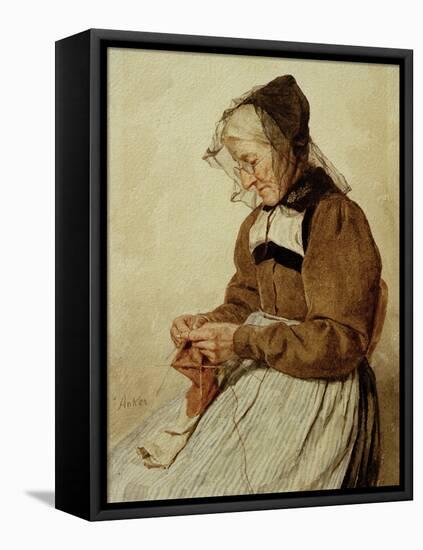 Alte Frau strickend (Old Woman Knitting)-Albert Anker-Framed Premier Image Canvas