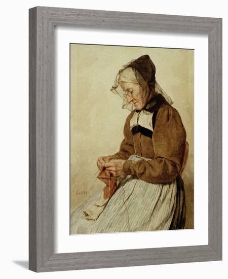 Alte Frau strickend (Old Woman Knitting)-Albert Anker-Framed Giclee Print