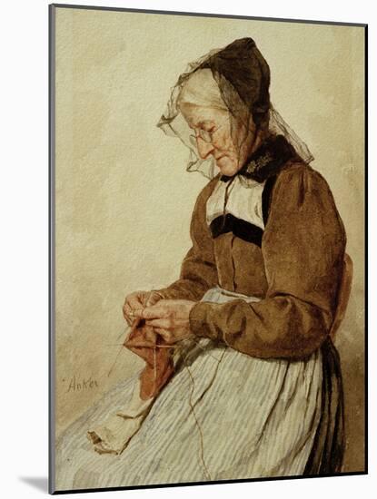 Alte Frau strickend (Old Woman Knitting)-Albert Anker-Mounted Giclee Print