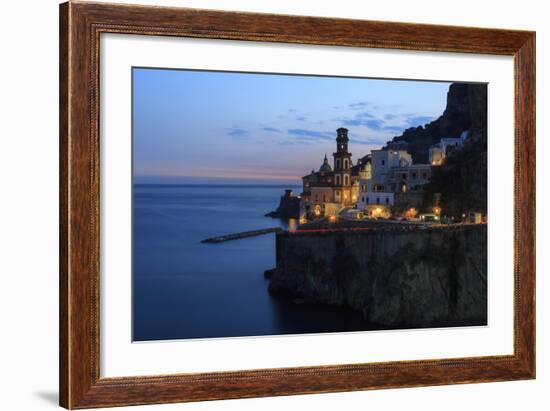 Amalfi Coast Road Light Trails from Cars with Church of Santa Maria Maddalena at Blue Hour-Eleanor Scriven-Framed Photographic Print