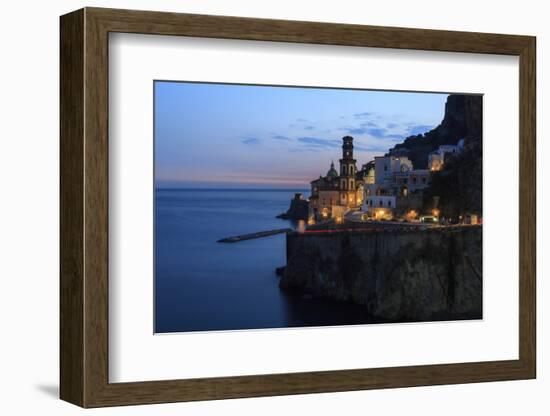 Amalfi Coast Road Light Trails from Cars with Church of Santa Maria Maddalena at Blue Hour-Eleanor Scriven-Framed Photographic Print