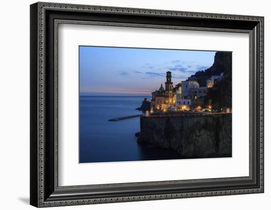 Amalfi Coast Road Light Trails from Cars with Church of Santa Maria Maddalena at Blue Hour-Eleanor Scriven-Framed Photographic Print