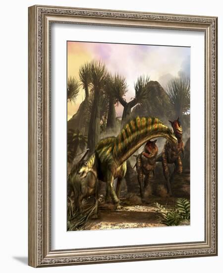 Amargasaurus Is Fending Off a Pack of Carnotaurus-Stocktrek Images-Framed Art Print