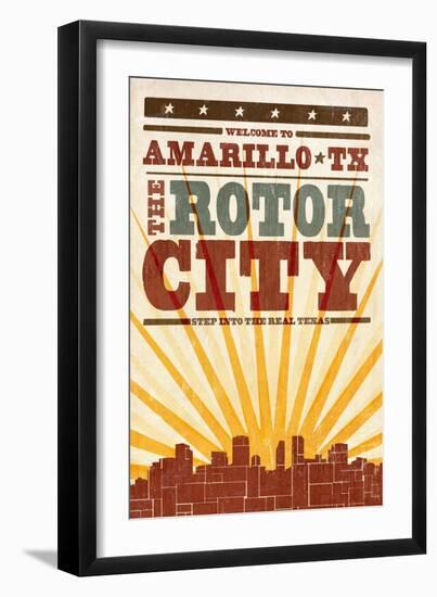 Amarillo, Texas - Skyline and Sunburst Screenprint Style-Lantern Press-Framed Art Print