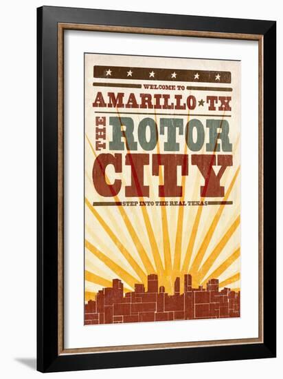 Amarillo, Texas - Skyline and Sunburst Screenprint Style-Lantern Press-Framed Art Print