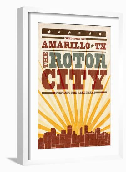 Amarillo, Texas - Skyline and Sunburst Screenprint Style-Lantern Press-Framed Art Print