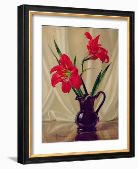 Amaryllis Lillies, in a Dark Glass Jug-Albert Williams-Framed Giclee Print