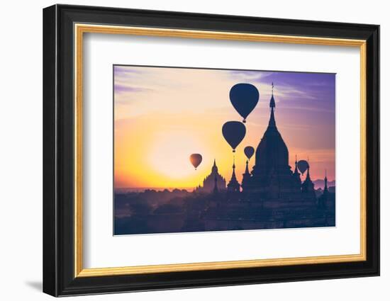 Amazing Misty Sunrise Colors and Balloons Silhouettes over Ancient Dhammayan Gyi Pagoda. Architectu-Perfect Lazybones-Framed Photographic Print