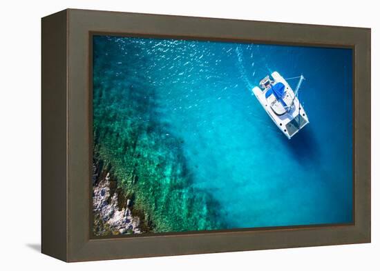 Amazing View to Yacht Sailing in Open Sea at Windy Day. Drone View - Birds Eye Angle-dellm60-Framed Premier Image Canvas