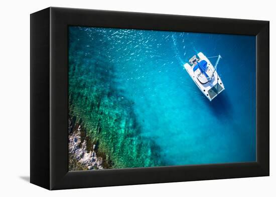 Amazing View to Yacht Sailing in Open Sea at Windy Day. Drone View - Birds Eye Angle-dellm60-Framed Premier Image Canvas