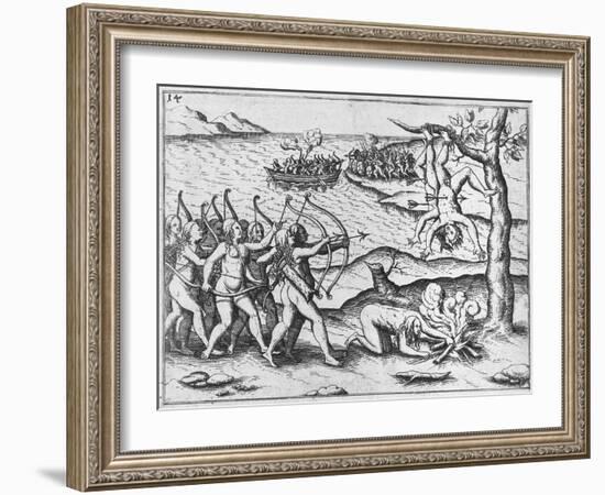 Amazon Women Attack Men Strung Up in Trees-Theodore de Bry-Framed Giclee Print