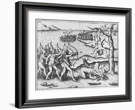 Amazon Women Attack Men Strung Up in Trees-Theodore de Bry-Framed Giclee Print