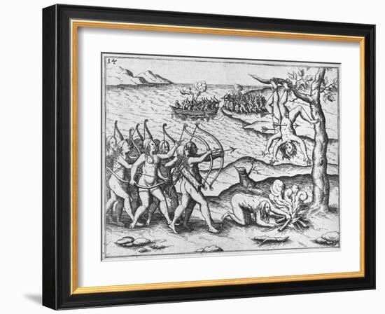 Amazon Women Attack Men Strung Up in Trees-Theodore de Bry-Framed Giclee Print