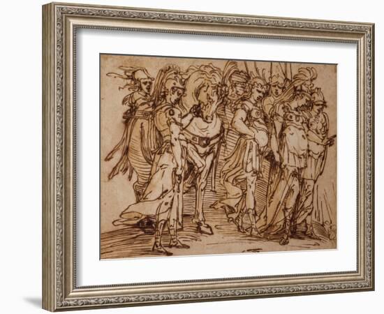 Amazons with a Horse in Procession to the Right pen and ink-Luca Cambiaso-Framed Giclee Print