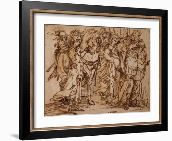 Amazons with a Horse in Procession to the Right pen and ink-Luca Cambiaso-Framed Giclee Print