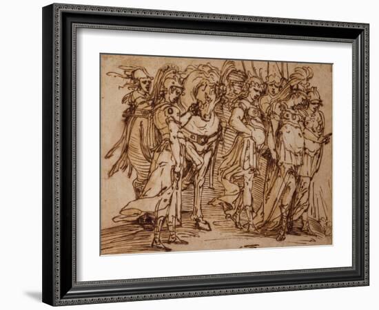 Amazons with a Horse in Procession to the Right pen and ink-Luca Cambiaso-Framed Giclee Print