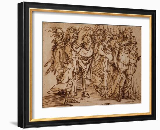 Amazons with a Horse in Procession to the Right pen and ink-Luca Cambiaso-Framed Giclee Print