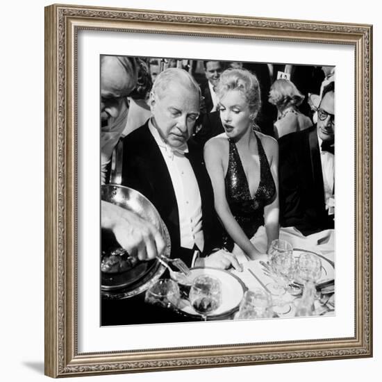 Ambassador Winthrop Aldrich, Ex Envoy to Britain Chatting with Actress Marilyn Monroe-Peter Stackpole-Framed Premium Photographic Print